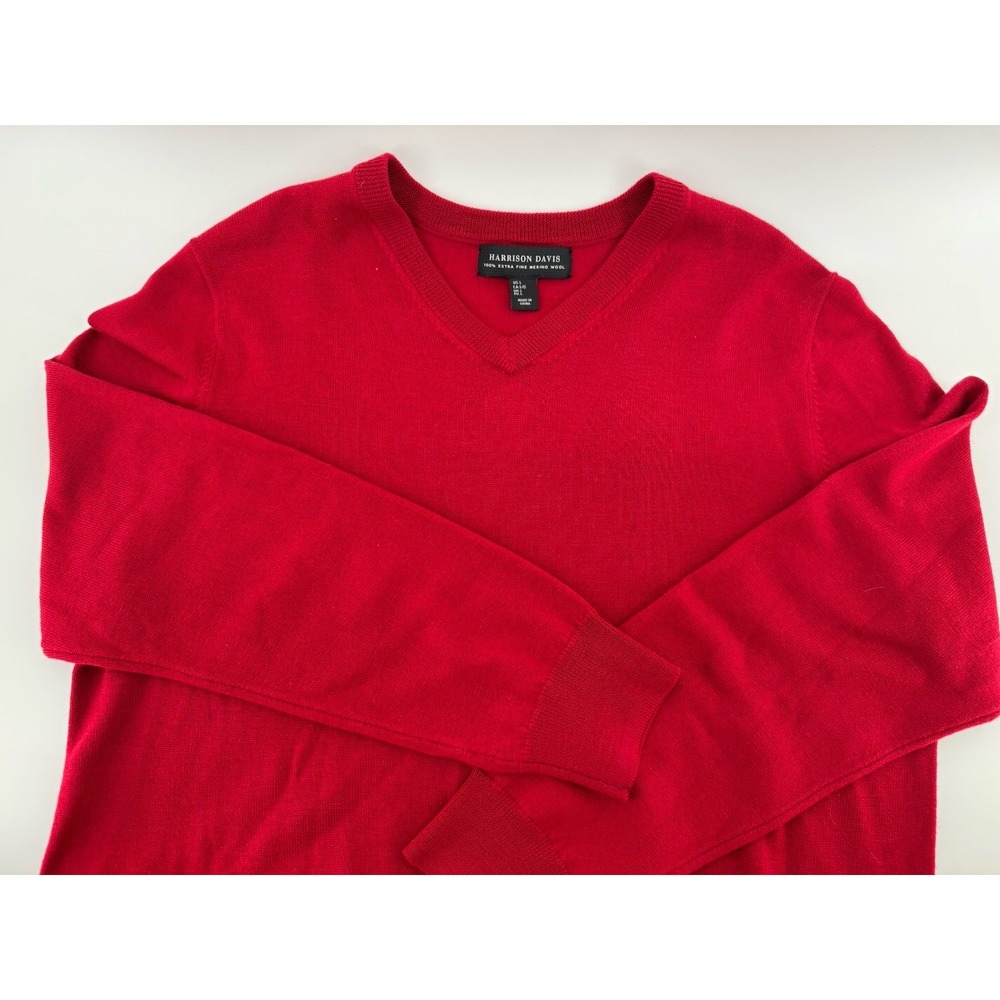 Harrison Davis Lightweight Red V-neck 100% Fine Merino Wool‎ Sweater Men's L